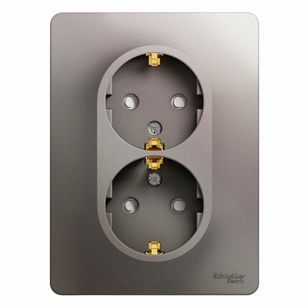 Розетка двойная с заземлением со шторками SE Glossa 16А 250В в сборе, платина