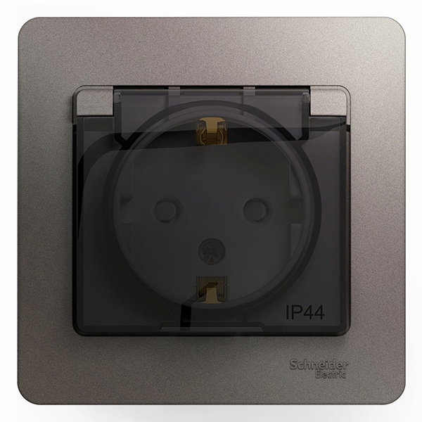 Розетка с зазем. со шторками с крышкой SE Glossa IP44 16А 250В в сборе, платина