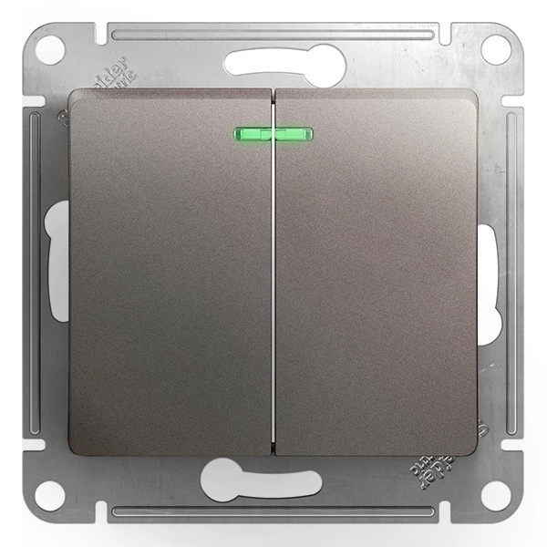 Двухклавишный выключатель с подсветкой SE Glossa 10A механизм, платина