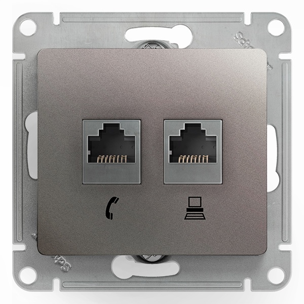 Розетка двойная SE Glossa RJ11+RJ45 кат. 5E механизм, платина