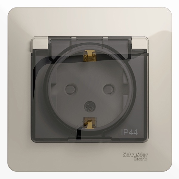 Розетка с заземлением со шторками с крышкой SE Glossa IP44,16А, 250В, в сборе, молоч