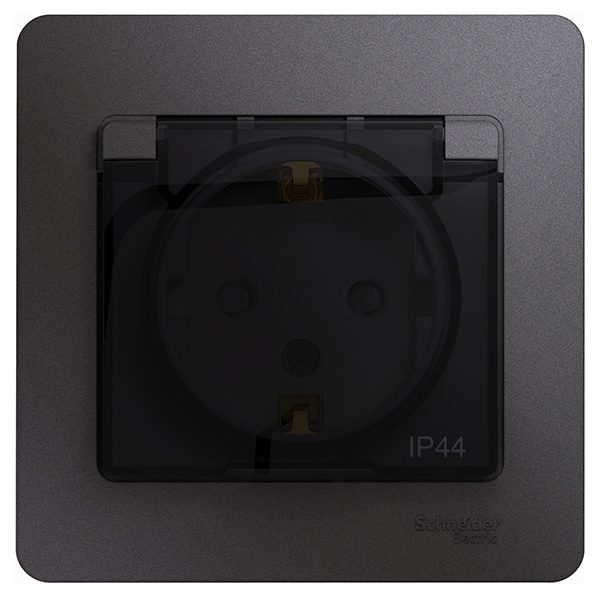 Розетка с заземлением со шторками с крышкой SE Glossa IP44 16А 250В в сборе, графит
