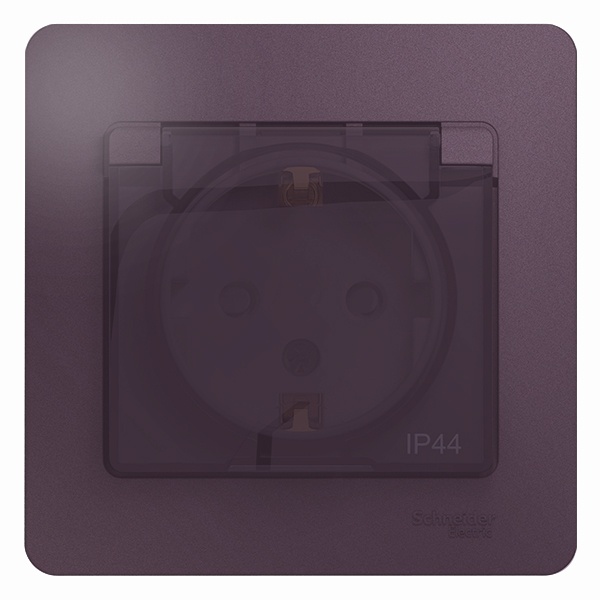 Розетка с заземлением со шторками с крышкой SE Glossa IP44 16А 250В в сборе, сиренев