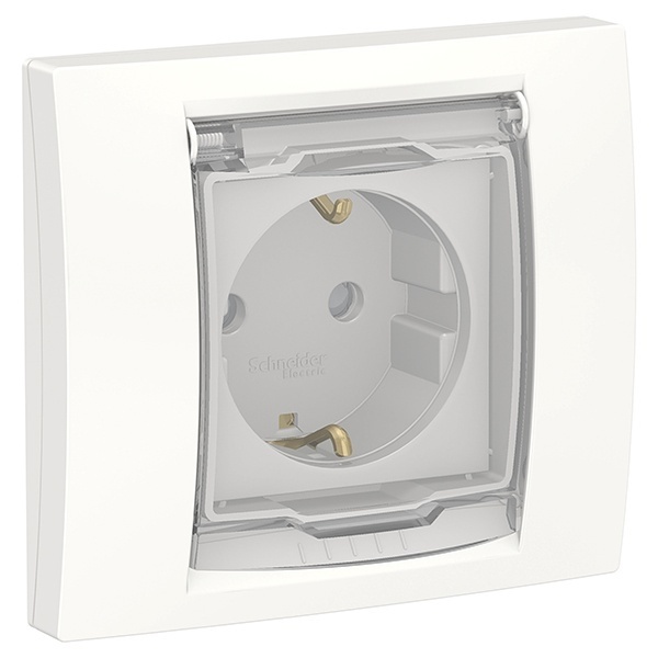 Розетка с заземлением со шторками с крышкой IP44 в сборе с рамкой SE Unica NEW, белый