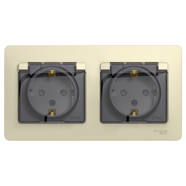 Розетка двойная с заземлением со шторками в сборе SE Glossa IP44, бежевый