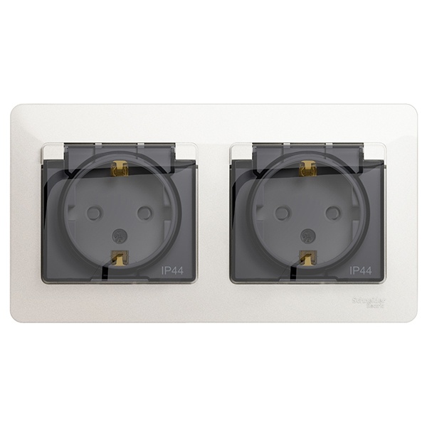 Розетка двойная с заземлением со шторками в сборе SE Glossa IP44, перламутр