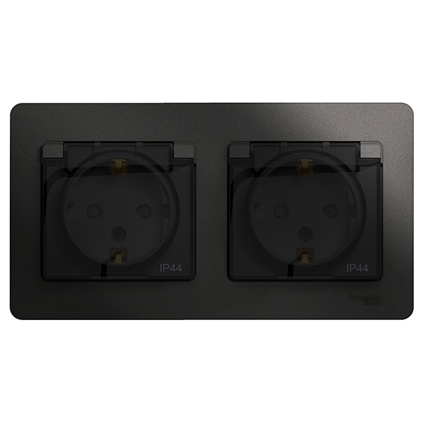 Розетка двойная с заземлением со шторками в сборе SE Glossa IP44, антрацит
