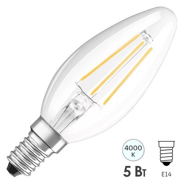 Лампа филаментная светодиодная свеча Osram LED SCL B 60 DIM 5W/840 230V CL E14 520lm Filament