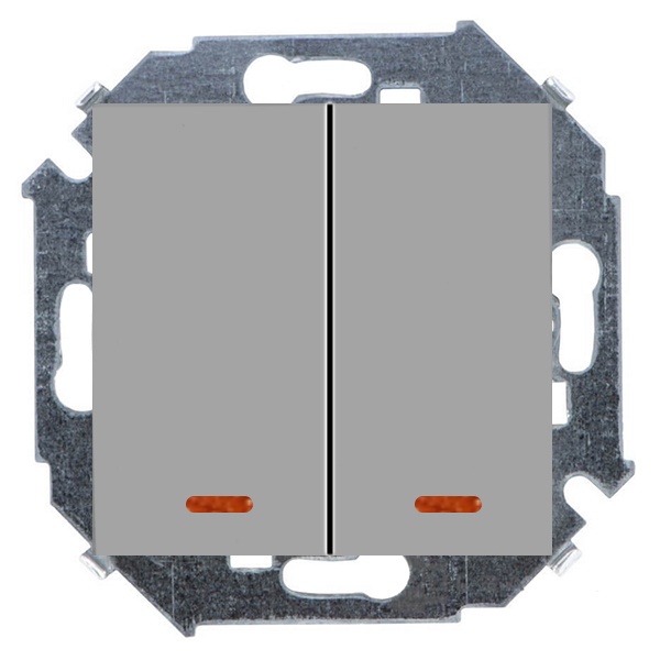 Выключатель двухклавишный с подсветкой Simon 15 16А 250В винтовой зажим, алюминий