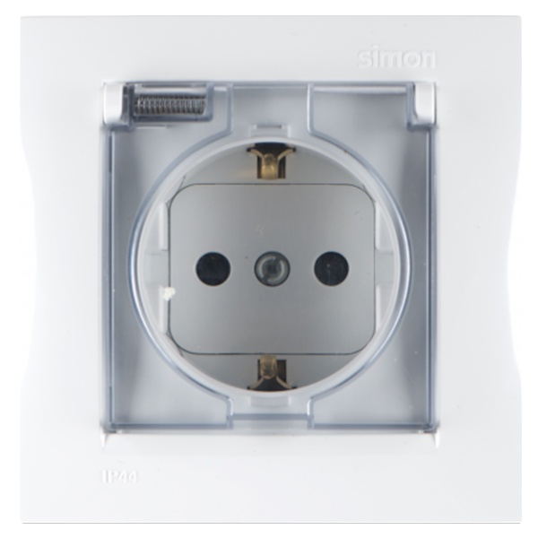 Розетка Simon 15 2П+З с рамкой, шторками и крышкой IP44 16А винтовой зажим, белый