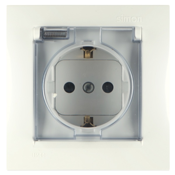 Розетка Simon 15 2П+З с рамкой, шторками и крышкой IP44 16А винтовой зажим, слоновая кость (бежевый)