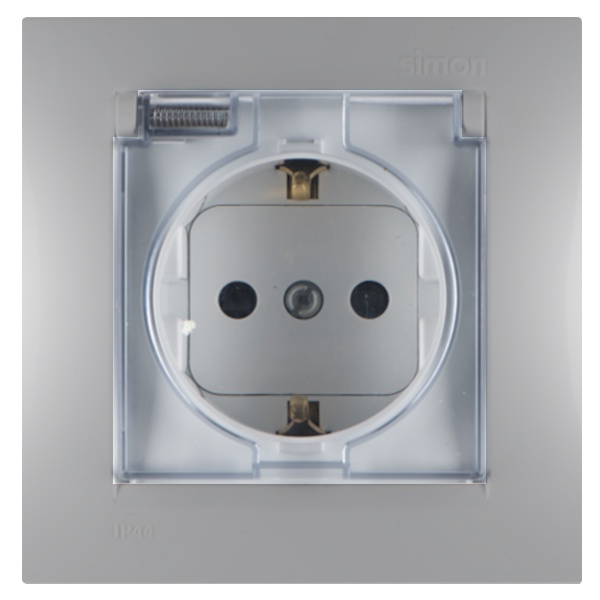 Розетка Simon 15 2П+З с рамкой, шторками и крышкой IP44 16А винтовой зажим, алюминий