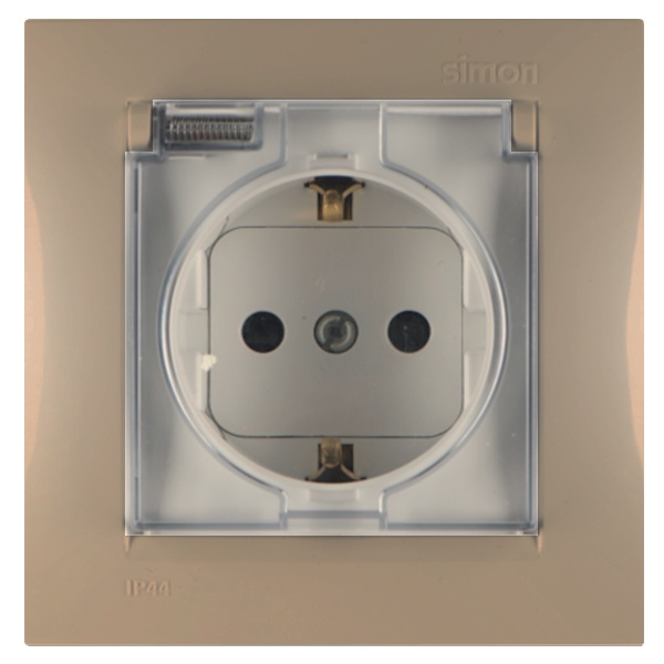 Розетка Simon 15 2П+З с рамкой, шторками и крышкой IP44 16А винтовой зажим, шампань