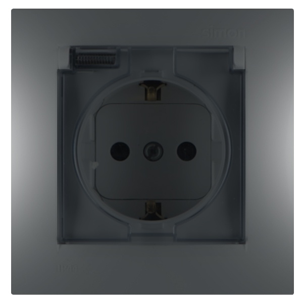 Розетка Simon 15 2П+З с рамкой, шторками и крышкой IP44 16А винтовой зажим, графит