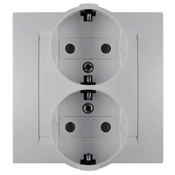 Розетка двойная с заземлением Simon 15 Schuko 16А 250В винтовой зажим, алюминий