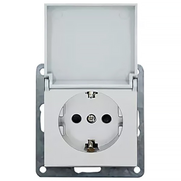 Розетка с заземляющим контактом, шторками и крышкой Экопласт LK80, серебристый металлик