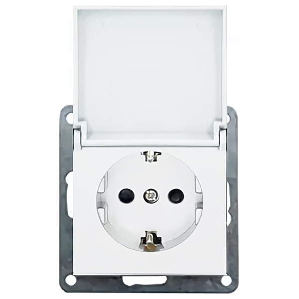 Розетка с заземляющим контактом, шторками и крышкой Экопласт LK80, белый