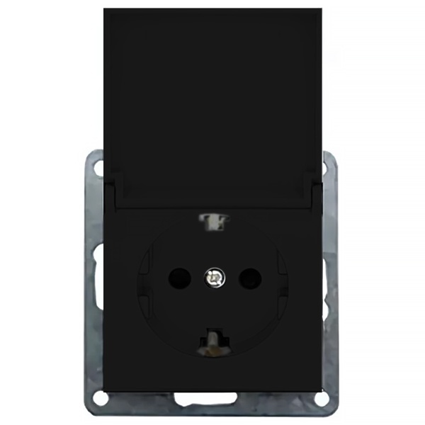 Розетка с заземляющим контактом, шторками и крышкой Экопласт LK80, черный бархат