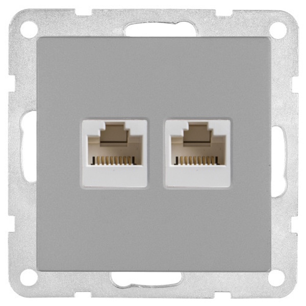 Розетка двойная компьютерная 2хRJ-45 кат.5е с накладкой Экопласт LK80, серебристый металлик