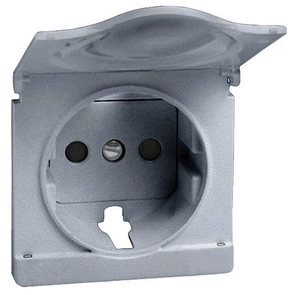 Накладка Simon 82 с крышкой с защитными шторками для розетки 2П+З Schuko, алюминий+графит