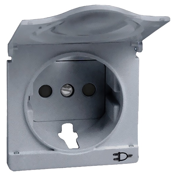Накладка Simon 82 Detail с крышкой с защитными шторками для розетки 2П+З Schuko, холодный алюминий
