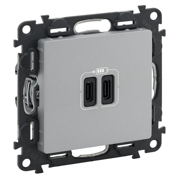 Зарядное устройство с двумя USB-разьемами тип С-С 3000мА с накладкой Legrand Life алюминий