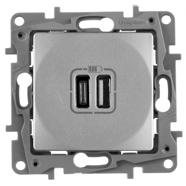 Зарядное устройство с двумя USB-разьемами тип A-С 240В/5В 3000мА Legrand Etika алюминий