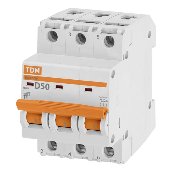 Автоматический выключатель TDM ВА47-29 3Р 50А 4,5кА характеристика D (автомат электрический)