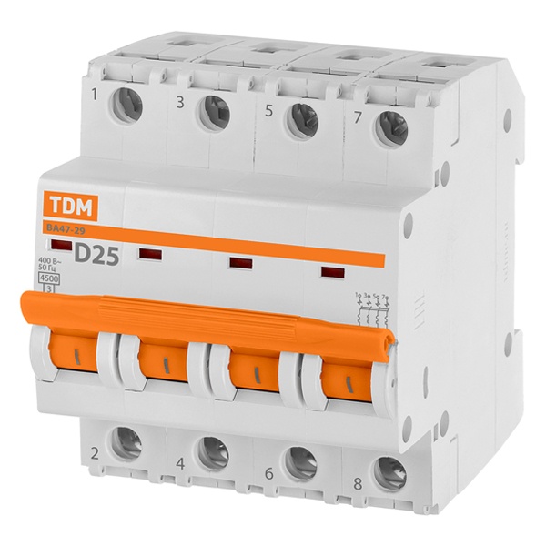 Автоматический выключатель TDM ВА47-29 4Р 25А 4,5кА характеристика D (автомат электрический)