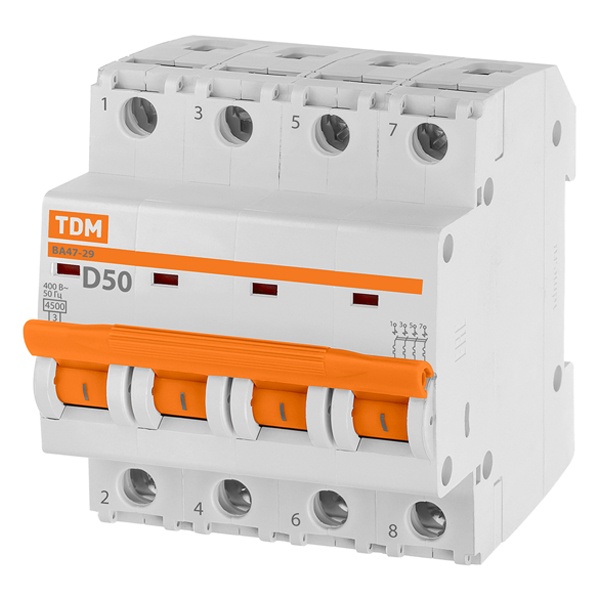 Автоматический выключатель TDM ВА47-29 4Р 50А 4,5кА характеристика D (автомат электрический)