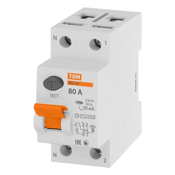 Устройство защитного отключения TDM ВД1-63 2Р 80А 30мА тип АС