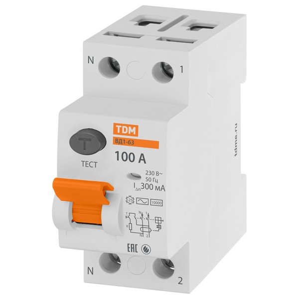 Устройство защитного отключения TDM ВД1-63 2Р 100А 300мА тип АС