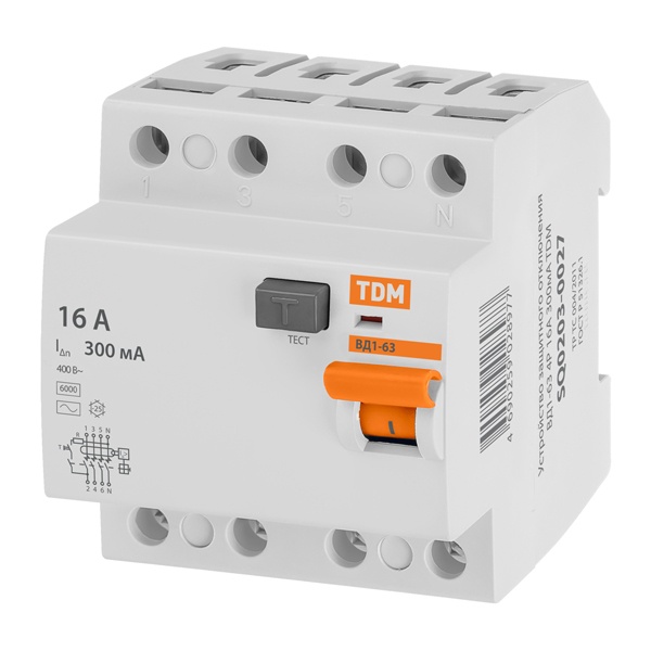 Устройство защитного отключения TDM ВД1-63 4Р 16А 300мА тип АС