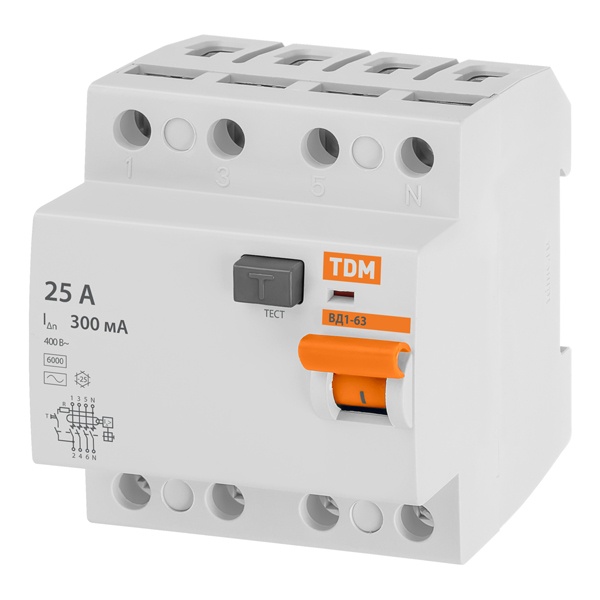 Устройство защитного отключения TDM ВД1-63 4Р 25А 10мА тип АС