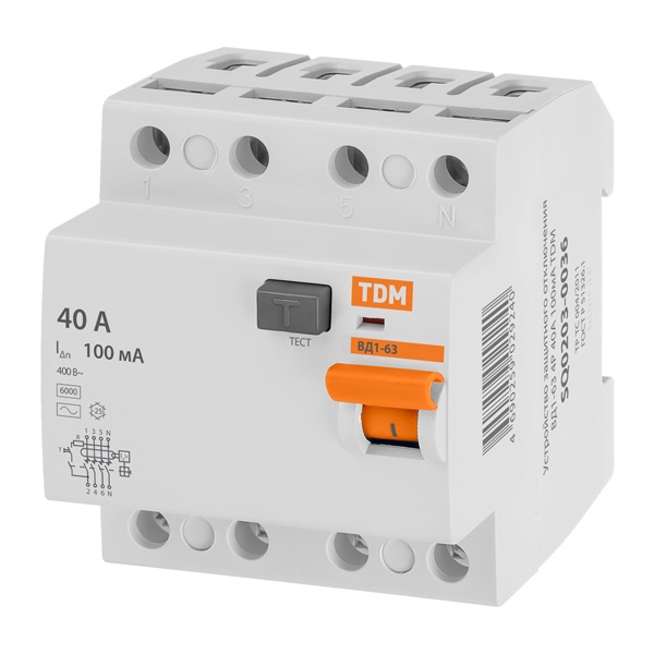 Устройство защитного отключения TDM ВД1-63 4Р 40А 100мА тип АС