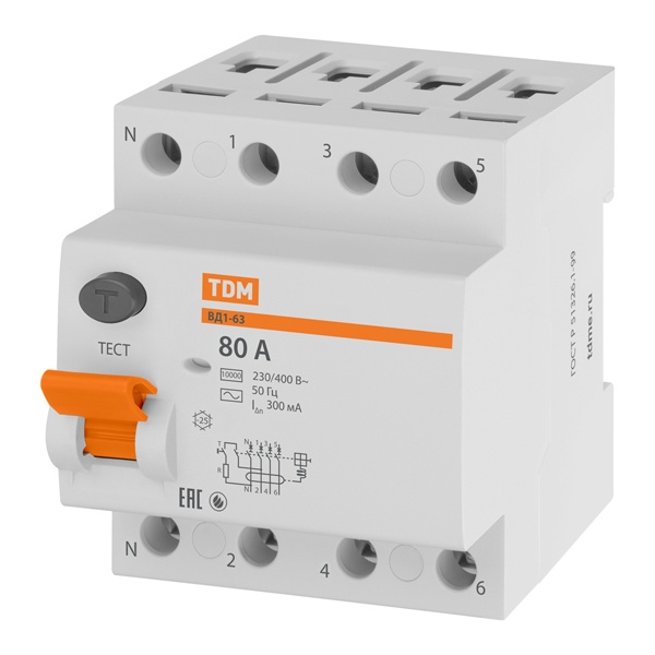 Устройство защитного отключения TDM ВД1-63 4Р 80А 300мА тип АС