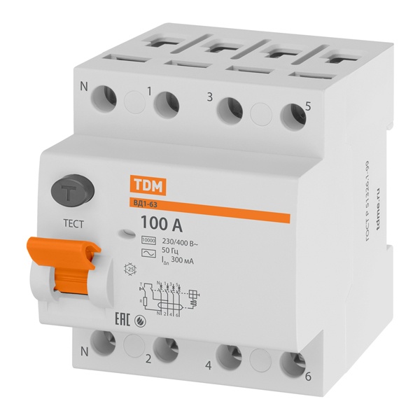 Устройство защитного отключения TDM ВД1-63 4Р 100А 300мА тип АС