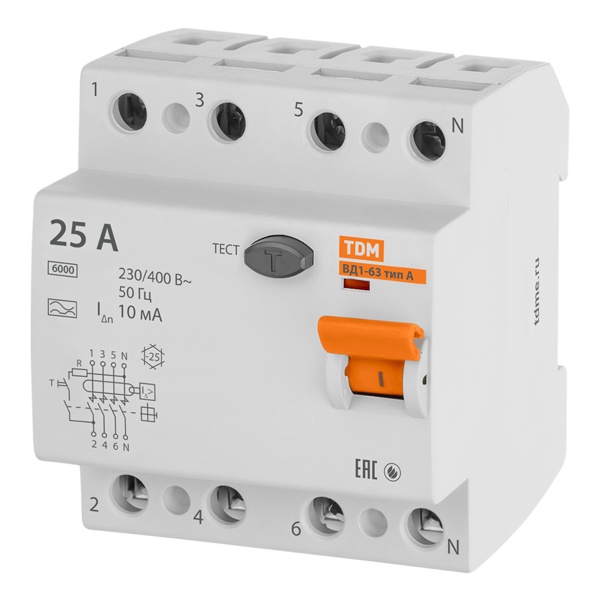Устройство защитного отключения TDM ВД1-63 4Р 25А 10мА тип А