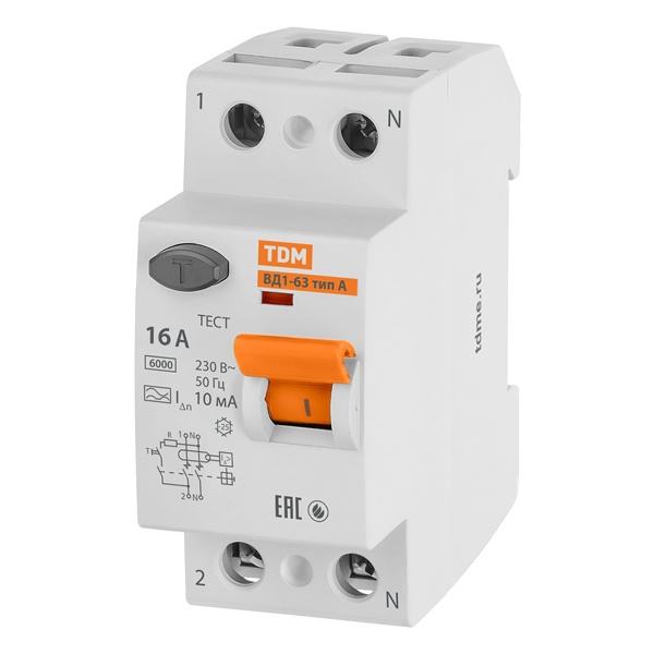 Устройство защитного отключения TDM ВД1-63 2Р 16А 10мА тип А