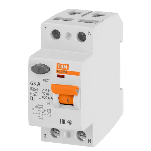 Устройство защитного отключения TDM ВД1-63S 2Р 63А 100мА тип АС селективное