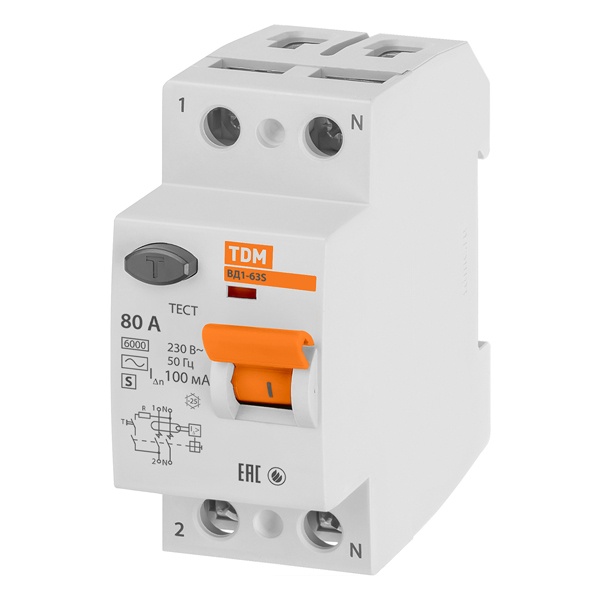 Устройство защитного отключения TDM ВД1-63S 2Р 80А 100мА тип АС селективное