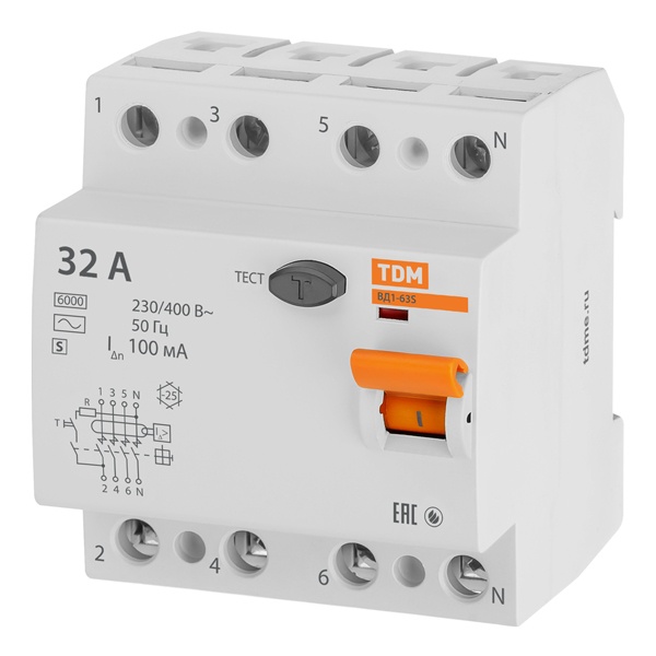 Устройство защитного отключения TDM ВД1-63S 4Р 32А 100мА тип АС селективное
