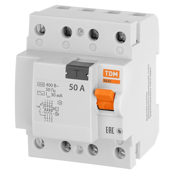 Устройство защитного отключения TDM ВД63 4Р 50А 30мА (электронное) тип АС