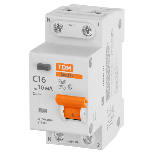 Дифференциальный автомат TDM 1П+Н C16А 10мА тип АС однофазный электронный 4,5кА АВДТ32 (дифавтомат, АВДТ)