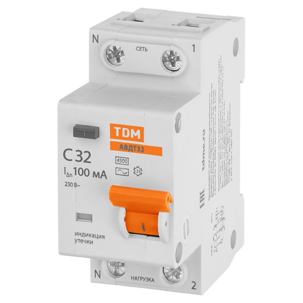 Дифференциальный автомат TDM 1П+Н C32А 100мА тип АС однофазный электронный 4,5кА АВДТ32 (дифавтомат, АВДТ)