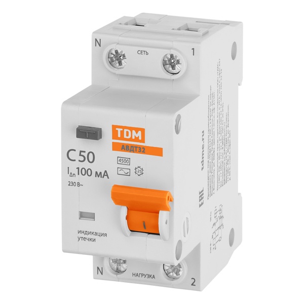 Дифференциальный автомат TDM 1П+Н C50А 100мА тип АС однофазный электронный 4,5кА АВДТ32 (дифавтомат, АВДТ)