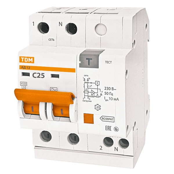 Дифференциальный автомат TDM 2П С25А 10мА тип АС однофазный электронный 4,5кА АД12 (дифавтомат, АВДТ)