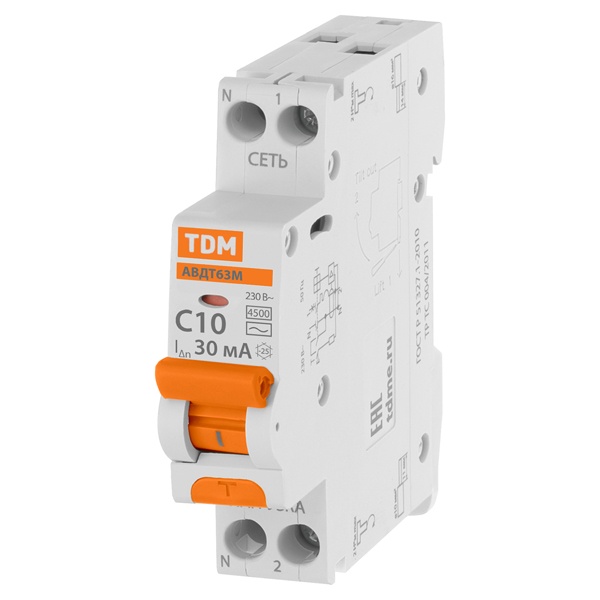 Дифференциальный автомат TDM 1П+Н C10А 30мА тип АС однофазный электронный 4,5кА 1 модуль АВДТ63М (дифавтомат, АВДТ)