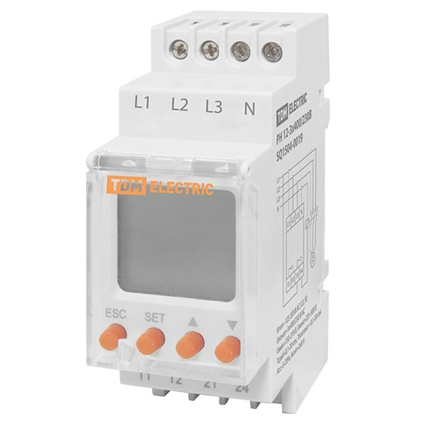 Трехфазное реле контроля напряжения цифровое TDM РН-12 2х8А 3х400/230В 1НО+1НЗ