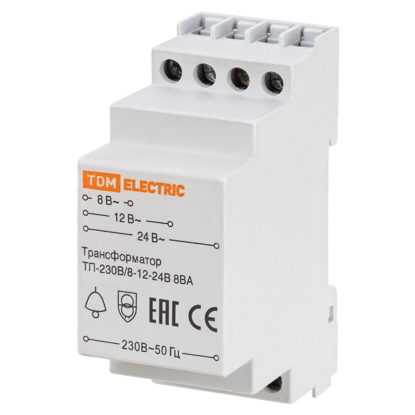 Трансформатор понижающий TDM (звонковый) ТП-230В/8-12-24В 8ВА DIN-рейка 2 модуля